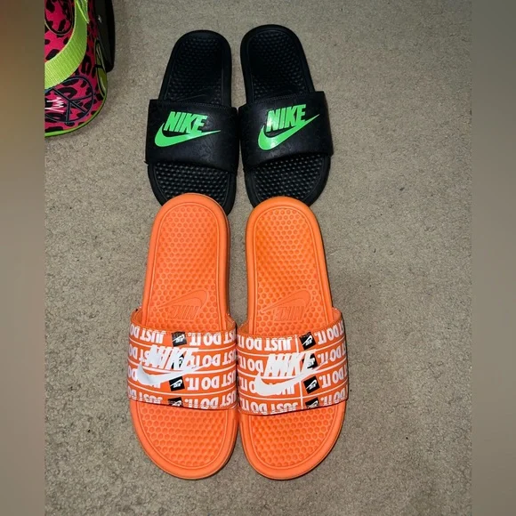 Nike Black and Green Slides with Orange Just Do It Slides - Picture 3 of 12